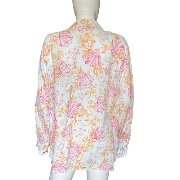 J.Jill White Pink Orange Love Linen Coral Print Button-Down Shirt Womens Size 1X - Picture 2 of 8